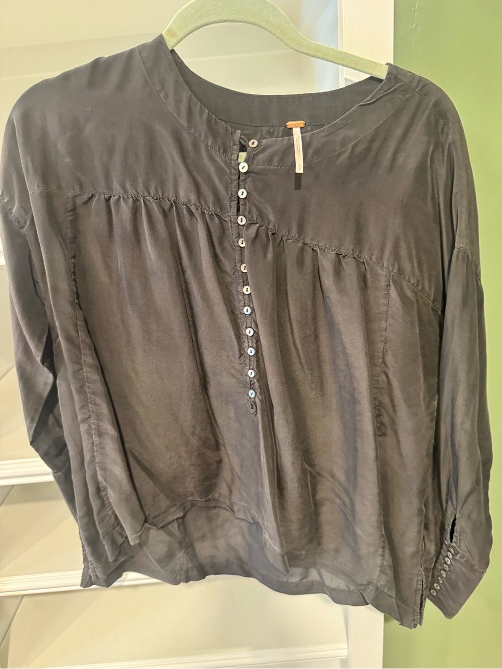 Free People Long Sleeve Button-Front Blouse - Black